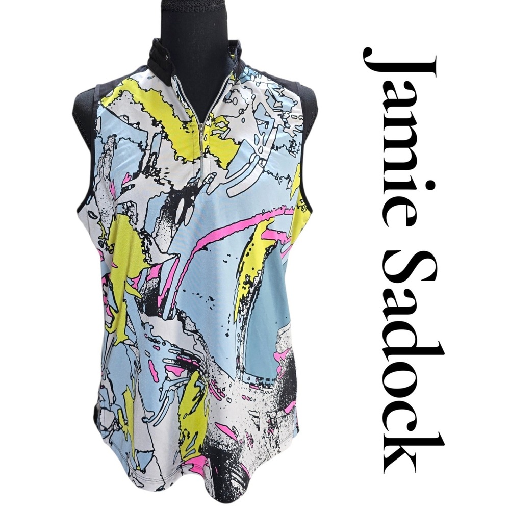 Jamie Sadock Golf Top Womens Medium Multicolor Abstract Zip Sleeveless Designer